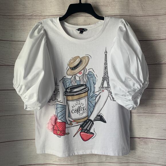 More Love & Lace White Blouse with Paris Graphic Flowers Puff Sleeves Size Large - Picture 1 of 15